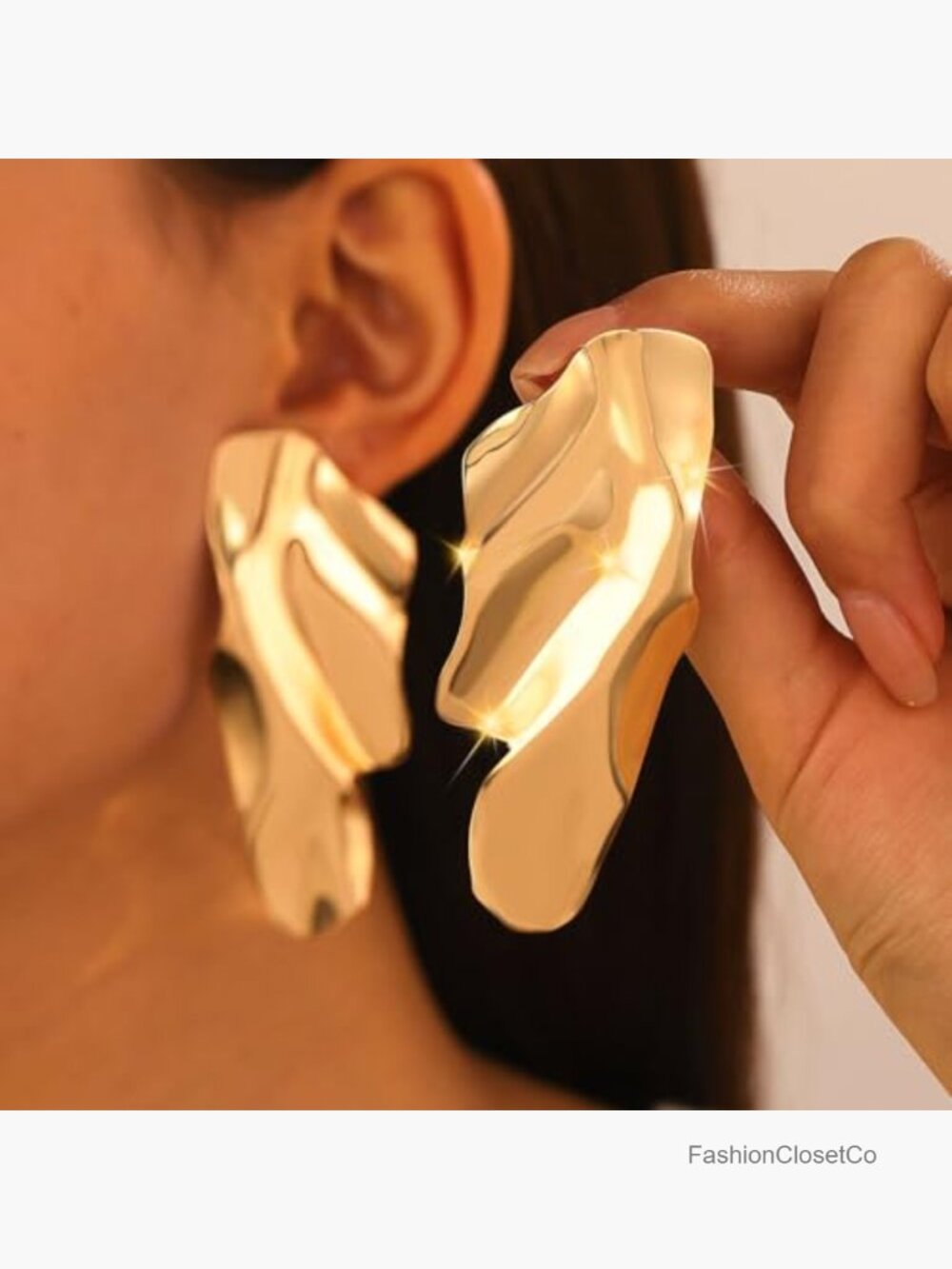 Gold Texture Irregular Hammered Geometric Earrings for Women - Picture 2 of 6